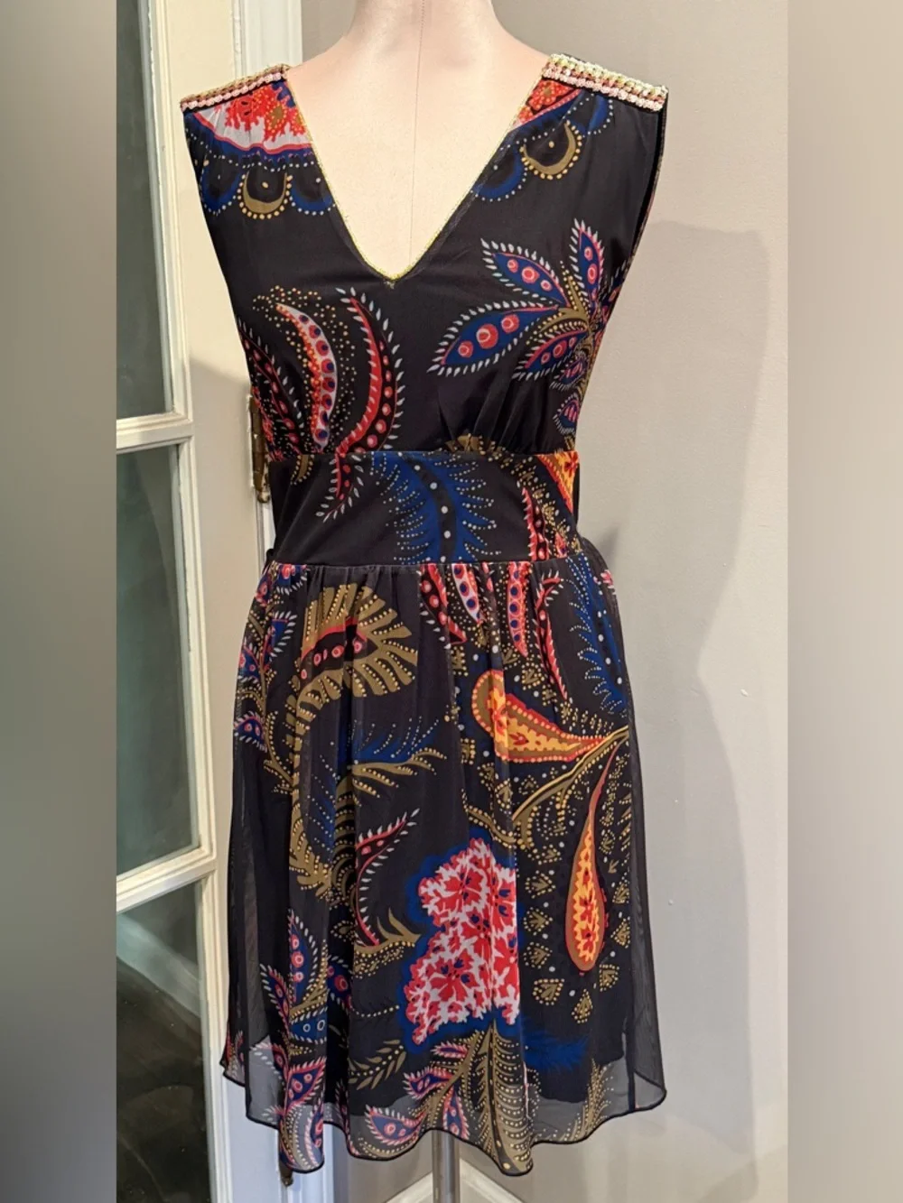 Desigual Black Multicolor Paisley V-Neck Mini Dress - Picture 2 of 8